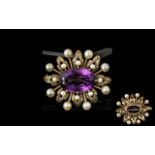 Antique Period Excellent Quality and Impressive 9ct Gold Large Amethyst and Pearl Set Brooch. c.