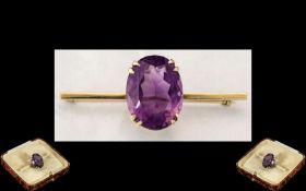 Antique Period Attractive Large Amethyst Set Brooch. Marked 9ct.
