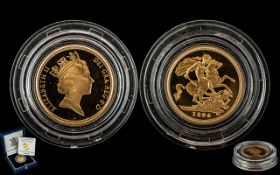 Royal Mint Elizabeth II 22ct Gold Half Sovereign Proof Struck Coin - Date 1994. Weight 3.99 grams.