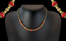 14ct Gold Pleasing & Attractive Red Coral Set Ornate Necklace,