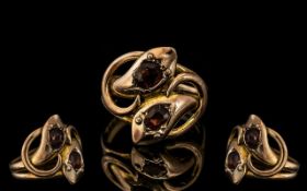 Antique Period 9ct Gold Double Snake Ring with Garnet Set Eyes. Full Hallmark for 9.375.