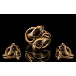 Antique Period 9ct Gold Double Snake Ring with Garnet Set Eyes. Full Hallmark for 9.375.