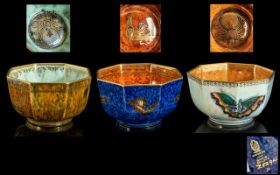 Wedgwood Fine Hand Painted Trio of Small Octagonal Shaped Bowls, Lustre Various Patterns.