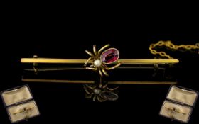Antique Period - Pleasing Novelty Insect (Spider) Brooch, set with Garnet & Pearl,
