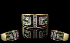 Ladies 9ct Gold Modern Designed Emeralds, Rubies and Diamond Set Ring, In a Geometric Form.