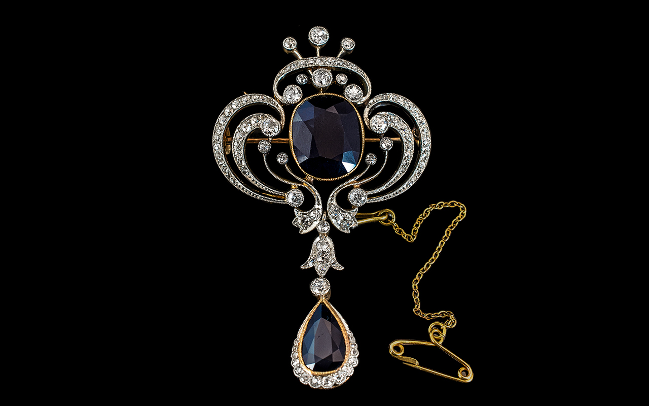 Antique Period Stunning Ladies 18ct Gold and Platinum Diamond and Sapphire Set Brooch with Drop and