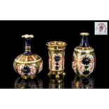 A Fine Trio of Royal Crown Derby Imari Patterned Small Miniature Vases, Various Shapes / Sizes.
