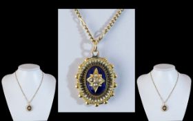 Antique Period - Superb and Pleasing Designed 18ct Gold Blue Enamel and Seed Pearl Set Pendant,