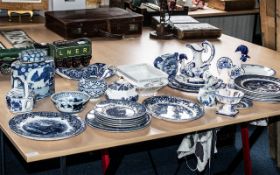 Quantity of Blue & White Porcelain, including Willow pattern plates, Burslam bowl,