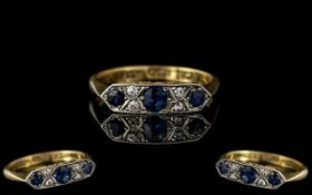 Art Deco Period - Attractive 18ct Gold and Platinum Diamond and Sapphire Set Dress Ring. c.1930's.