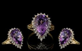 Ladies 9ct Gold Attractive Diamond and Amethyst Set Ring. Full Hallmark for 9.375.
