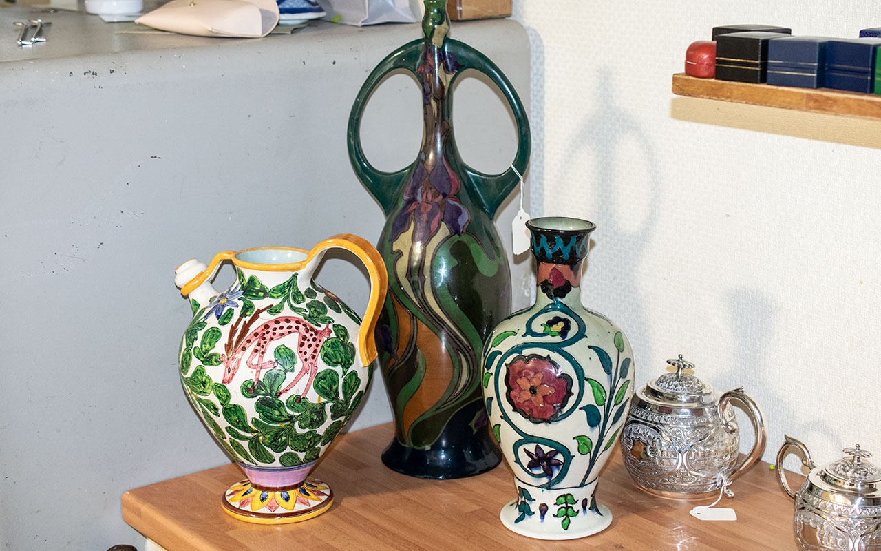 Three Decorative Large Vases, comprising a hand painted colourful Italian jug 12" tall,
