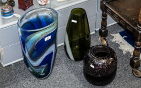 Three Quality Coloured Glass Vases, comprising a heavy 15" blue swirl glass vase, signed to base,