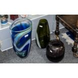 Three Quality Coloured Glass Vases, comprising a heavy 15" blue swirl glass vase, signed to base,