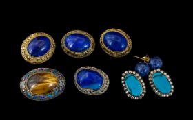 Collection of Lapis Lazuli Jewellery. Comprises 5 Silver Stamped Brooches of Oval Designs + 2 Pair