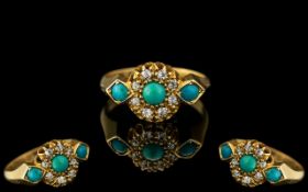 Antique Period - Petite 18ct Gold Attractive Quality Turquoise and Diamond Set Ring.