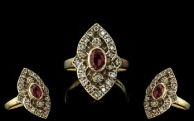 Antique Ladies - Attractive 9ct Gold Garnet and Diamond Set Dress Ring ( Marquise Shaped ) Full