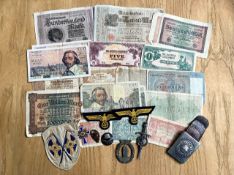 A Collection of Bank Notes and Military Items including various notes - France, Portugal, Germany.