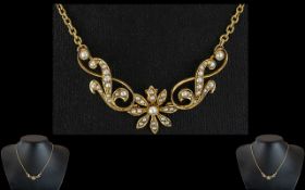 Victorian Period Ladies Attractive 15ct Gold Seed Pearl Set Pendant Drop with Attached Gold Chain