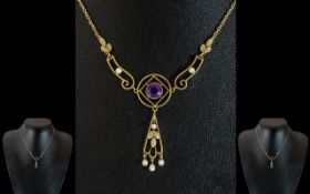 Victorian Period 1837 - 1901 Ladies Attractive 15ct Gold Amethyst and Seed Pearl Set Pendant Drop