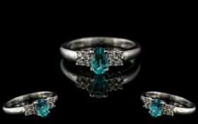 Ladies Attractive 9ct Gold Aquamarine and Diamond Set Ring. Fully Hallmarked for 9.375.