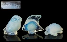 Lalique - Superb Trio of Moulded Glass Figures with a Touch of Blue Lustre to Each.