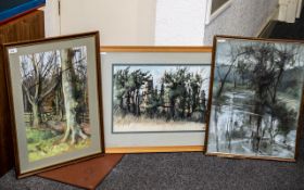 Peter M Hicks (1937-) Three Original Mixed Media Works on Paper, woodlands country type scenes.