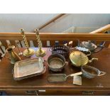 Box of Assorted Metal Ware, including brass kettle, pewter tea pot, candlesticks, bowls, etc.