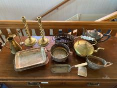 Box of Assorted Metal Ware, including brass kettle, pewter tea pot, candlesticks, bowls, etc.