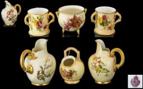 Royal Worcester Collection of Hand Painted Blush Ivory Ceramic Jugs,