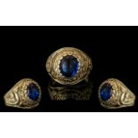 Cambridge University Gents 9ct Gold College Ring, Set with Cabouchon Cut Blue Sapphire,