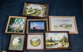 Box of Paintings, comprising a signed oil painting 'Sunset', three oil paintings by M E Hill, two