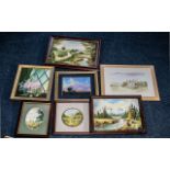 Box of Paintings, comprising a signed oil painting 'Sunset', three oil paintings by M E Hill, two