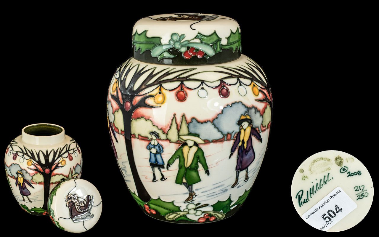 Moorcroft Tube lined Ltd and Numbered Edition Modern Lidded Ginger Jar ' Skaters ' Pattern.