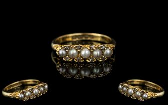 Antique Period 18ct Gold Attractive Seed Pearl and Rose Cut Diamond Set Ring, gallery setting.