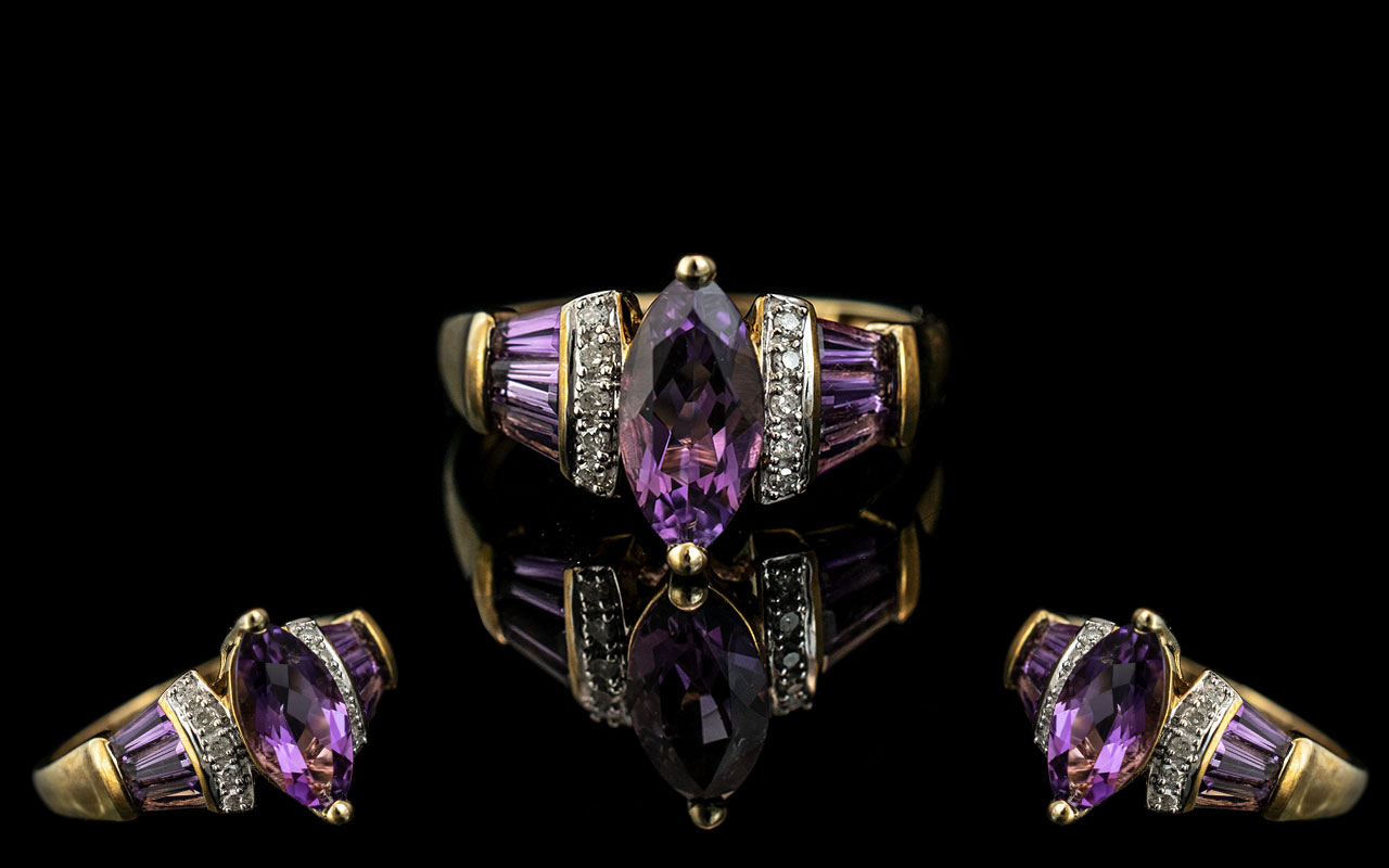 Ladies 9ct Gold Attractive Amethyst and Diamond Set Dress Ring.