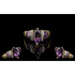 Ladies 9ct Gold Attractive Amethyst and Diamond Set Dress Ring.