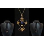 Victorian Period - Attractive Art Nouveau 9ct Gold Open Worked Pendant Set with Sapphire and Seed