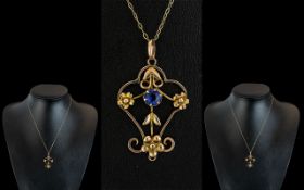 Victorian Period - Attractive Art Nouveau 9ct Gold Open Worked Pendant Set with Sapphire and Seed