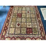 Large Hand Woven Tabriz Persian rug, Beige background with red designs depicting animals, fruit
