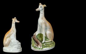 Staffordshire 19th Century Pearl-Ware Figure of a Whippet with Hare In a Seated Position - Please