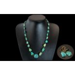 Antique Period Attractive Turquoise Set Necklace with pair of matching earrings, gold tone spacers,