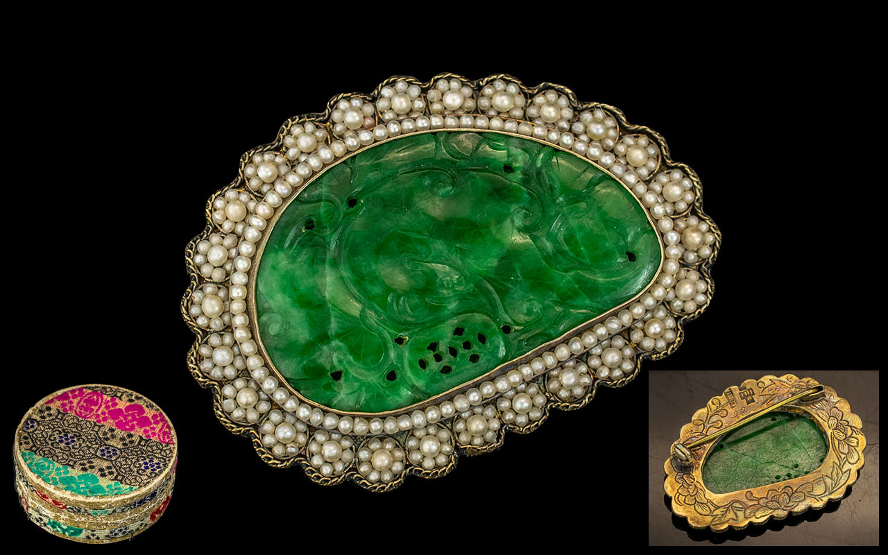 Antique Period Superb Chinese Export Carved Jade & Seed Pearl Set Brooch.