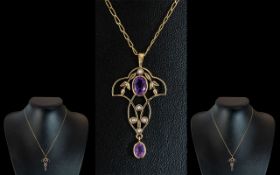 Art Nouveau Style 9ct Gold Open Worked Amethyst & Seed Pearl Set Pendant,