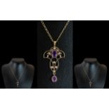 Art Nouveau Style 9ct Gold Open Worked Amethyst & Seed Pearl Set Pendant,