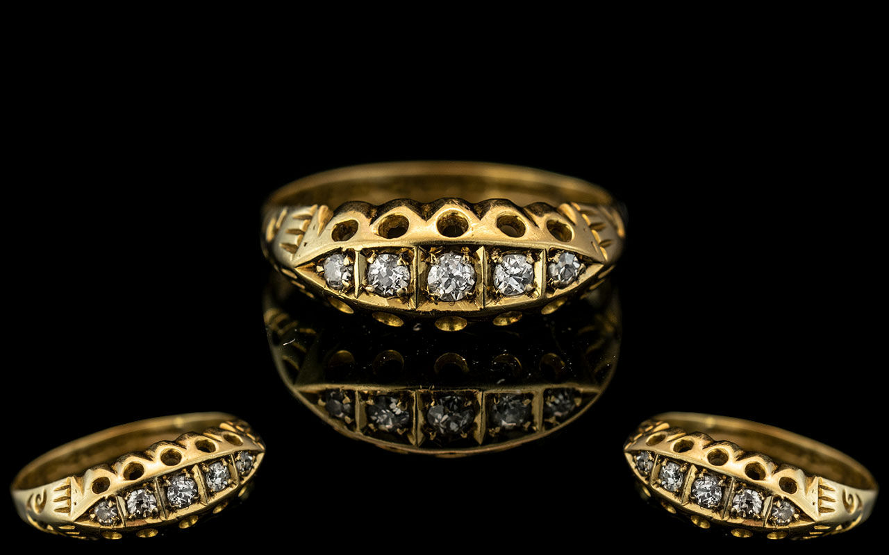 Antique Period Attractive 18ct Gold Five Stone Diamond Set Ring With Ornate Designed Setting