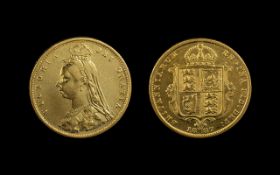Queen Victoria Jubilee Head - Shield Back 22ct Gold Half Sovereign. Date 1887. Good grade.