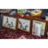 Collection of Oriental Silk Pictures, framed and glazed in wooden heavy frames,