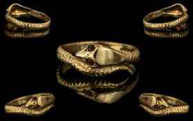 Antique Period - Attractive / Realistic 9ct Gold Snake Ring, With Ruby Set Eyes.