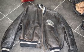 Gents Leather Motorcyle Bomber Jacket, dark brown, with Pennsylvania Badge to front, elasticated